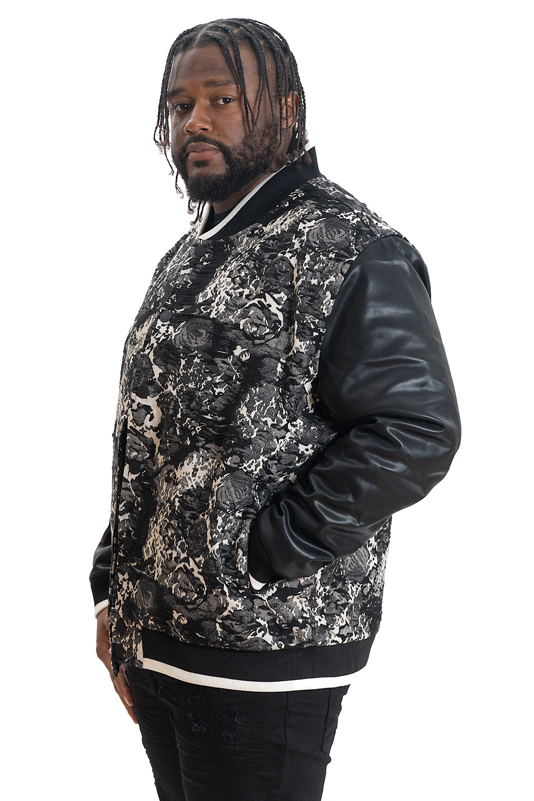 M1096 Veroma Tapestry Varsity Jacket - Black From Makobi Jeans USA