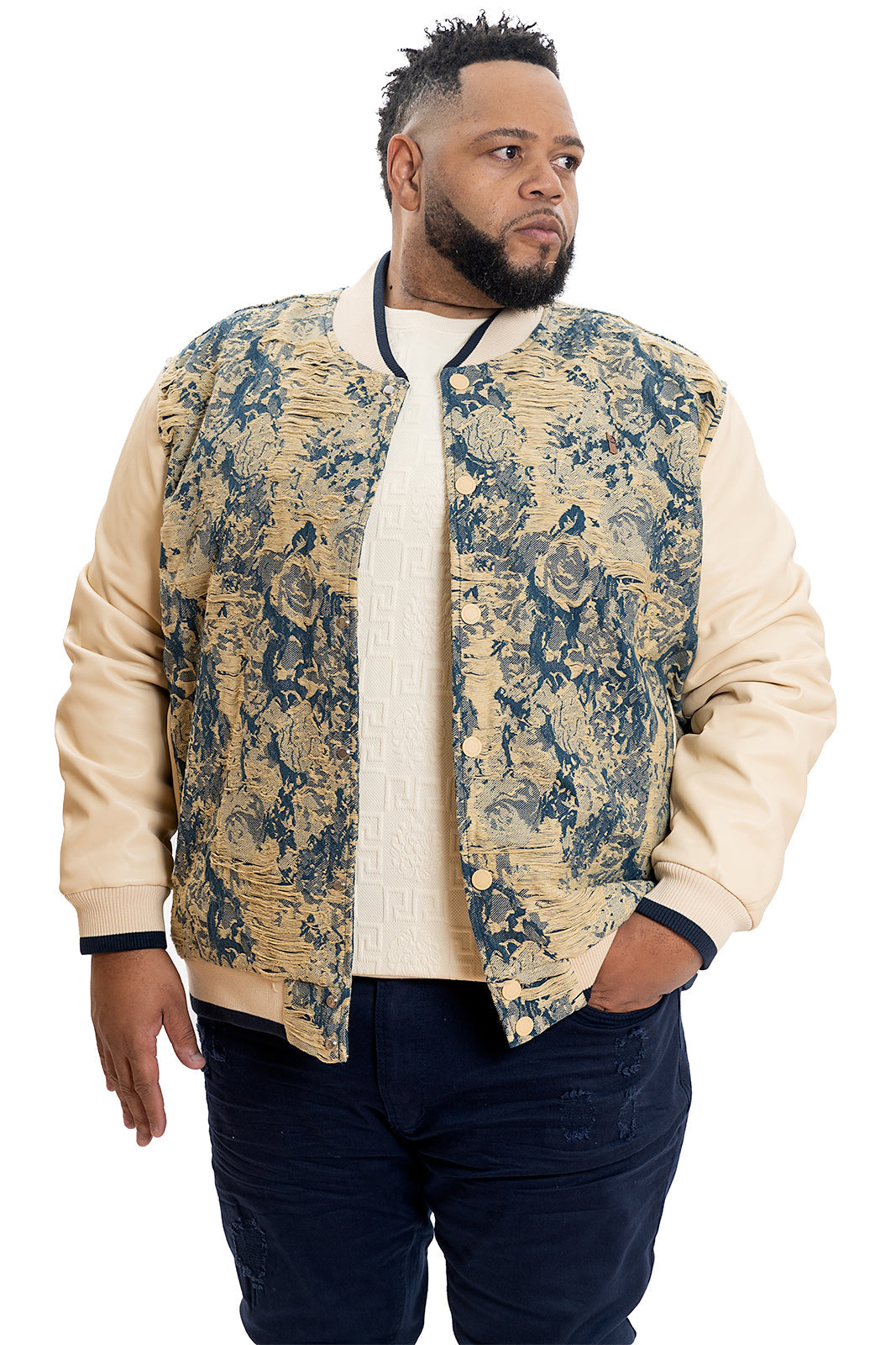 M1096 Veroma Tapestry Varsity Jacket - Khaki From Makobi Jeans USA