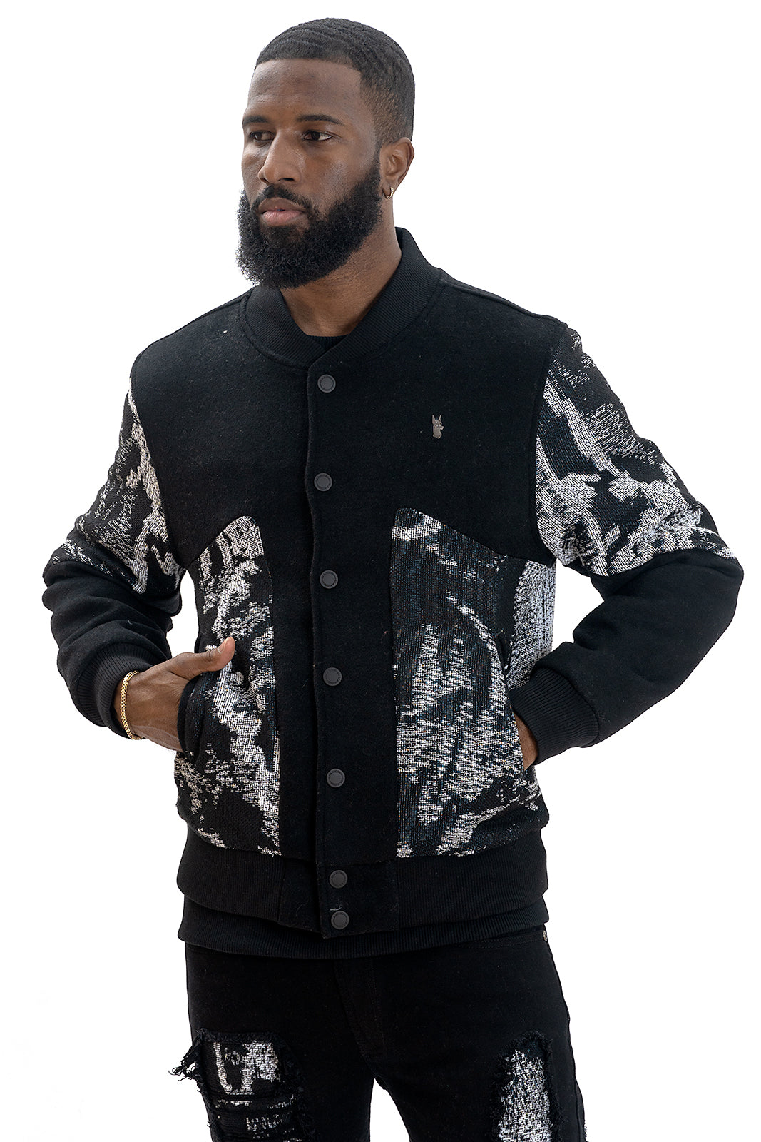 M1099 Bagnoli Tapestry Varsity Jacket - Black From Makobi Jeans USA