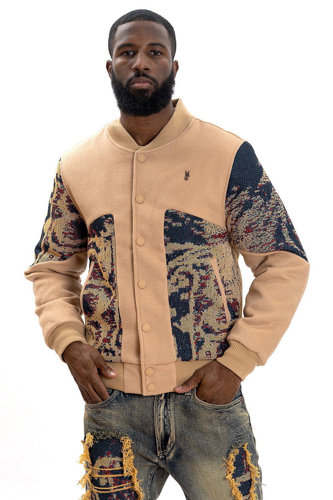 M1099 Bagnoli Tapestry Varsity Jacket - Khaki From Makobi Jeans USA