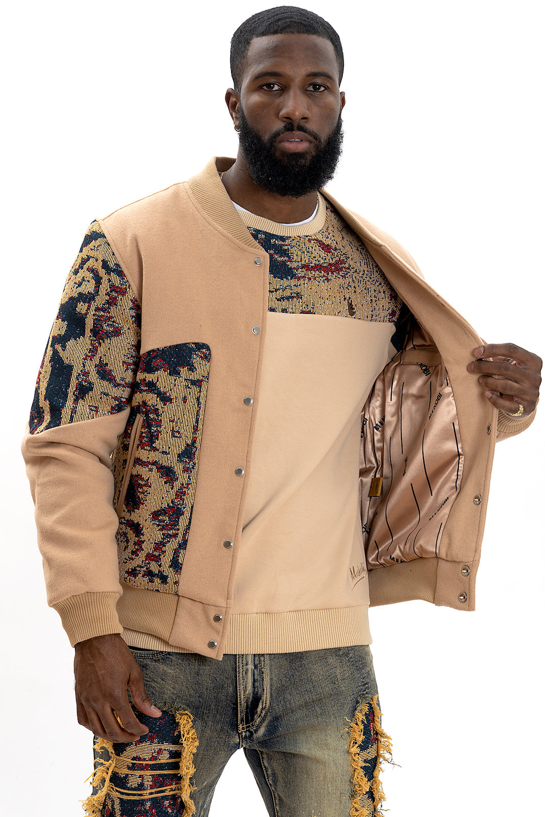 M1099 Bagnoli Tapestry Varsity Jacket - Khaki From Makobi Jeans USA