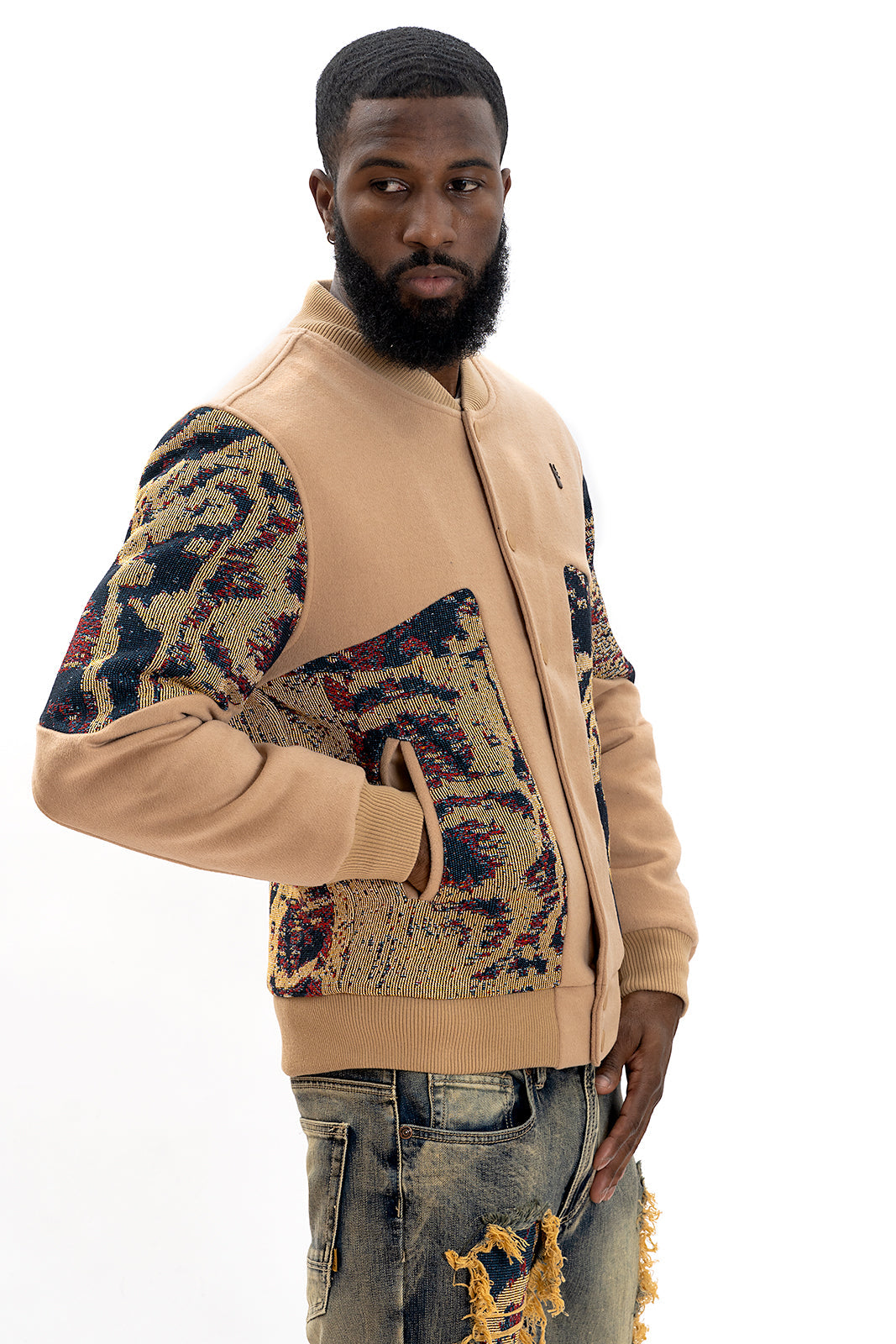 M1099 Bagnoli Tapestry Varsity Jacket - Khaki From Makobi Jeans USA