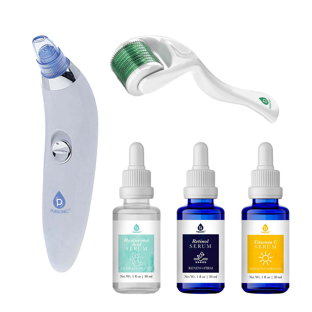 Pursonic Ultimate Rejuvenation Bundle: Micro Needle Derma Roller, Pore Vacuum Blackhead Remover & 3-Pack Anti-Aging Serum Set from Pursonic