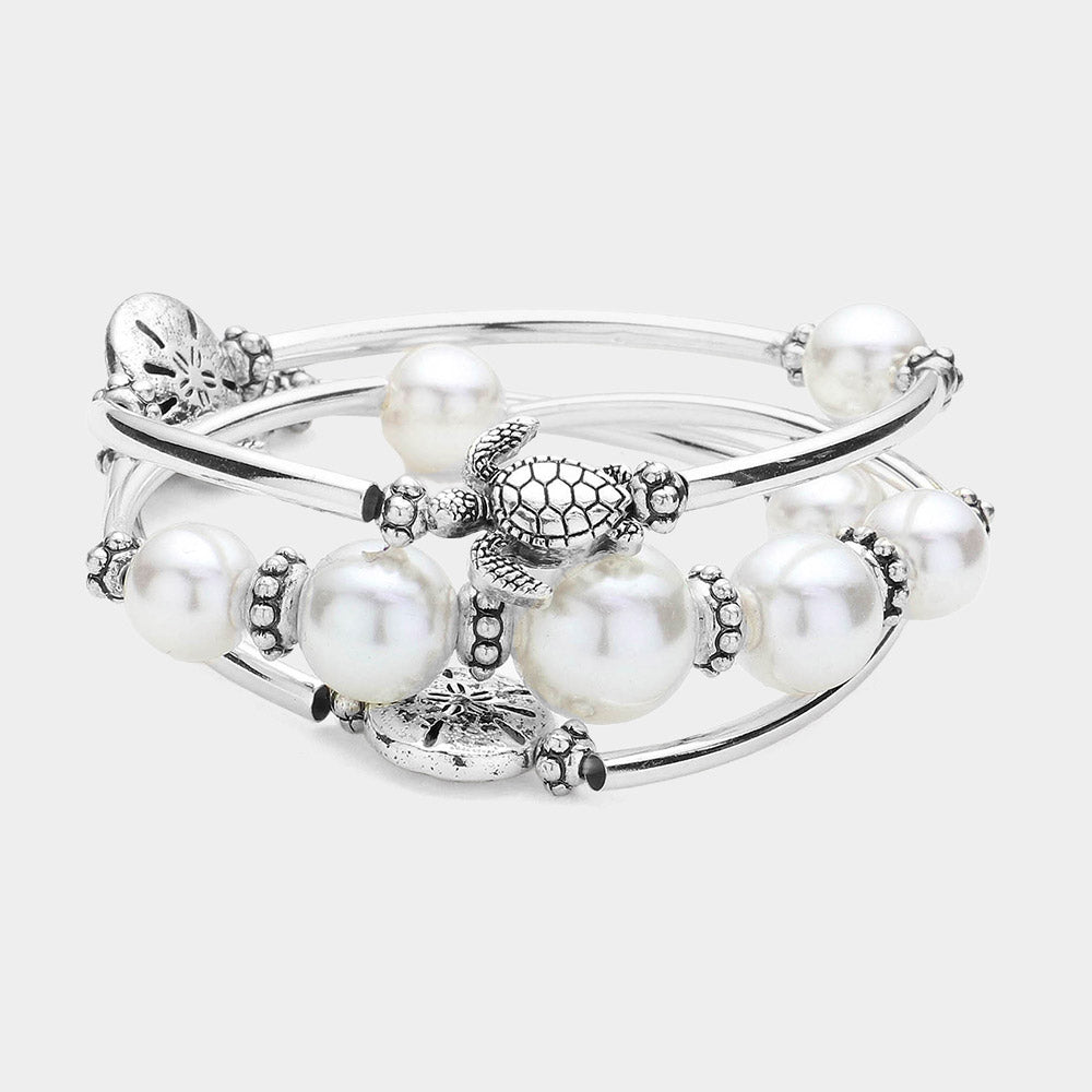 3PCS - Antique Metal Sea Turtle Sand Dollar Pointed Pearl Stretch Multi Layered Bracelets from Madeline Love
