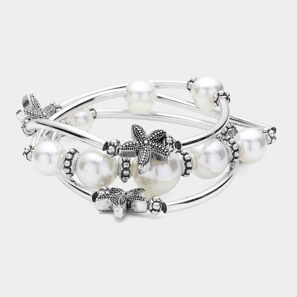 3PCS - Antique Silver Starfish Pointed Pearl Stretch Multi Layered Bracelets from Madeline Love