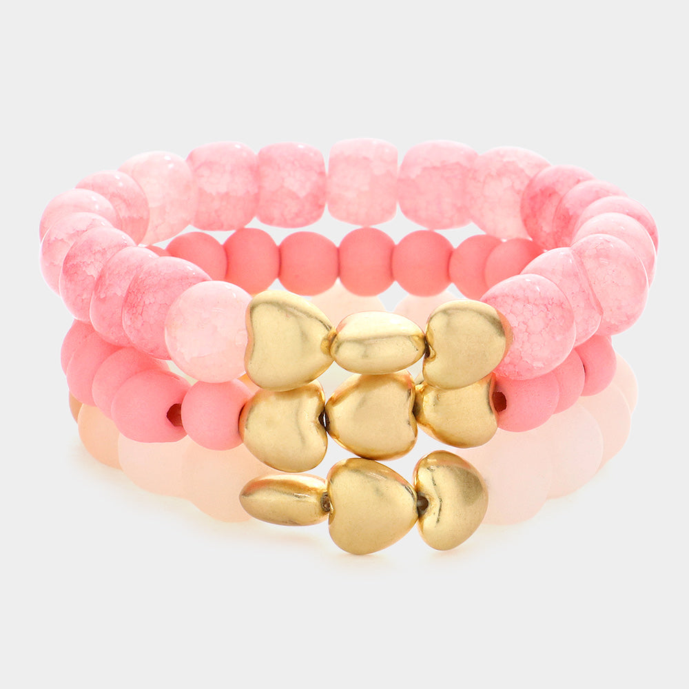3PCS - Heart Pointed Natural Stone Wood Ball Stretch Bracelets from Madeline Love
