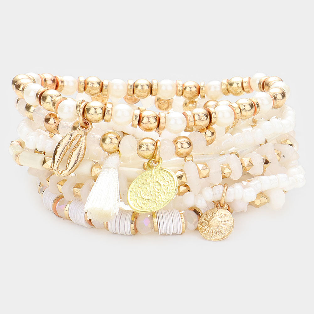 10PCS - Pearl Multi Bead Metal Puka Shell Coin Disc Tassel Charm Layered Bracelets from Madeline Love