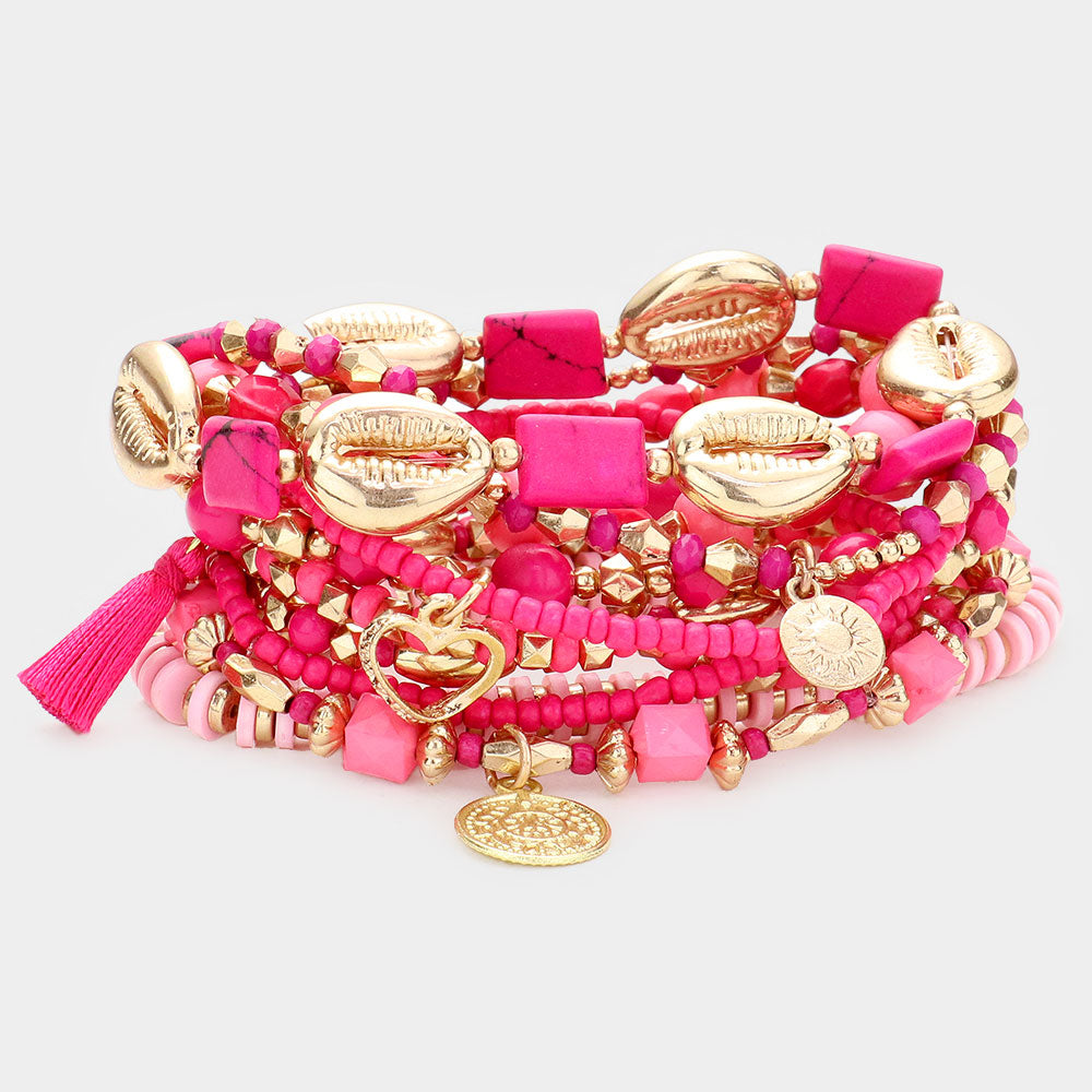 10PCS - Multi Bead Metal Puka Shell Heart Coin Disc Tassel Charm Layered Bracelets from Madeline Love