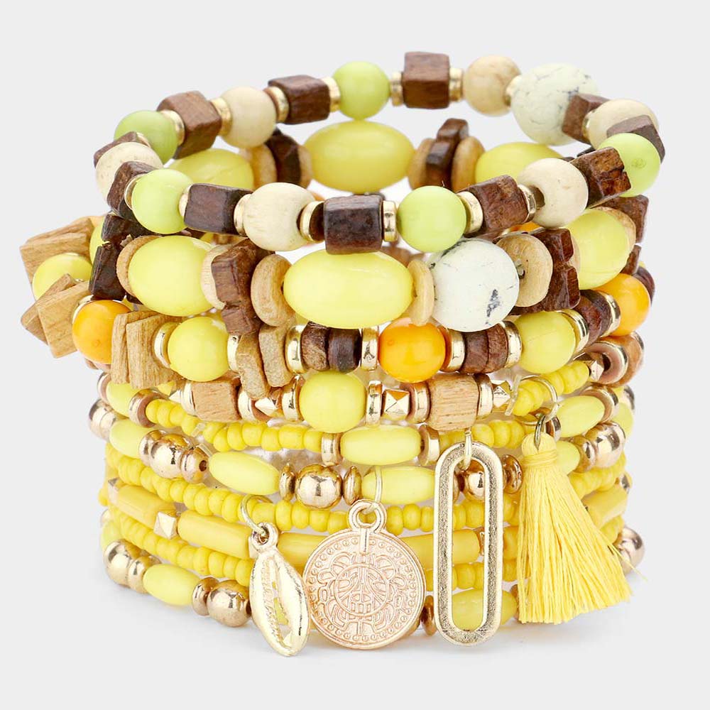 10PCS - Puka Shell Coin Tassel Charm Wood Multi Beaded Stretch Bracelets from Madeline Love