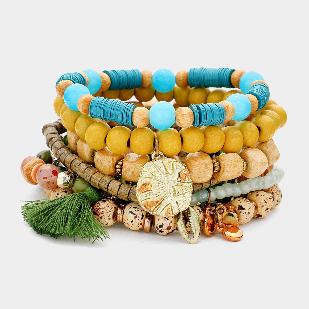 10PCS - Metal Puka Shell Tassel Charm Wood Heishi Beaded Stretch Bracelets from Madeline Love