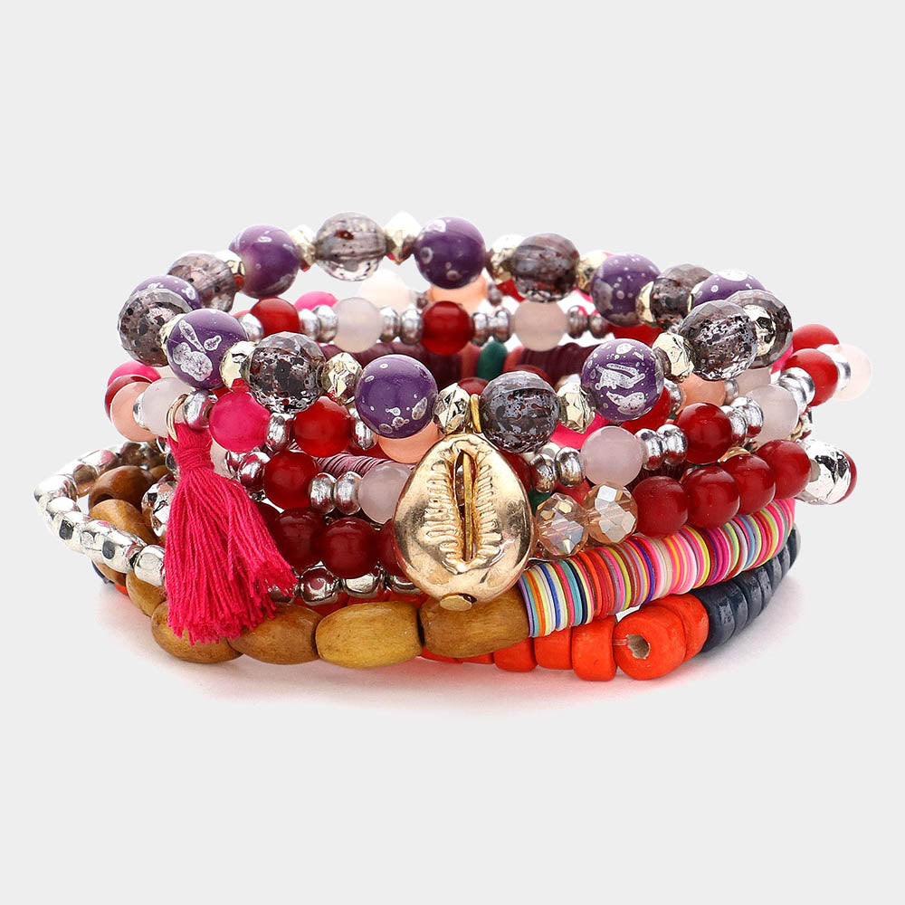10PCS - Puka Shell Flower Tassel Charm Wood Heishi Beaded Stretch Bracelets from Madeline Love