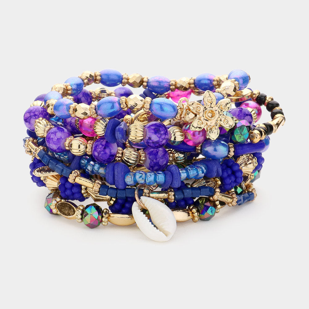 10PCS - Shell Metal Flower Heart Charm Wood Multi Beads Beaded Layered Bracelets from Madeline Love