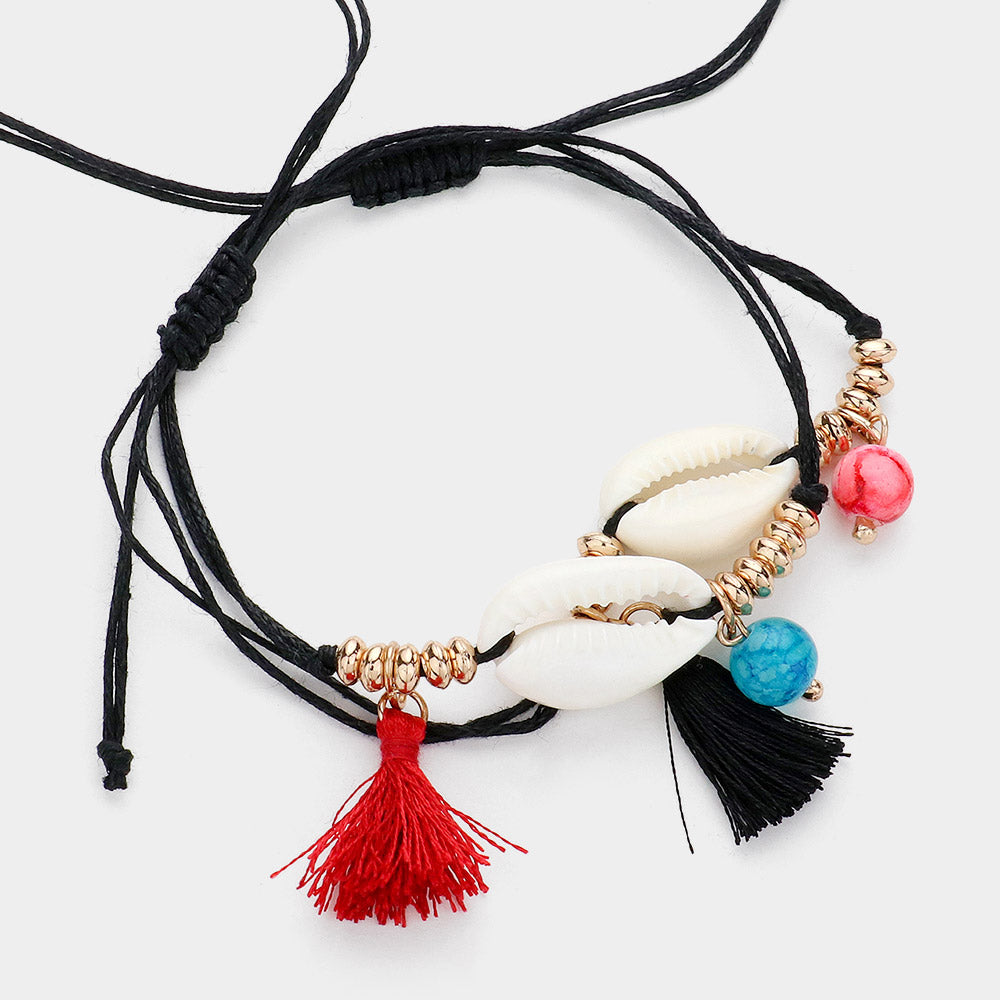 2PCS - Puka Shell Tassel Pointed Cinch Pull Tie Bracelets from Madeline Love
