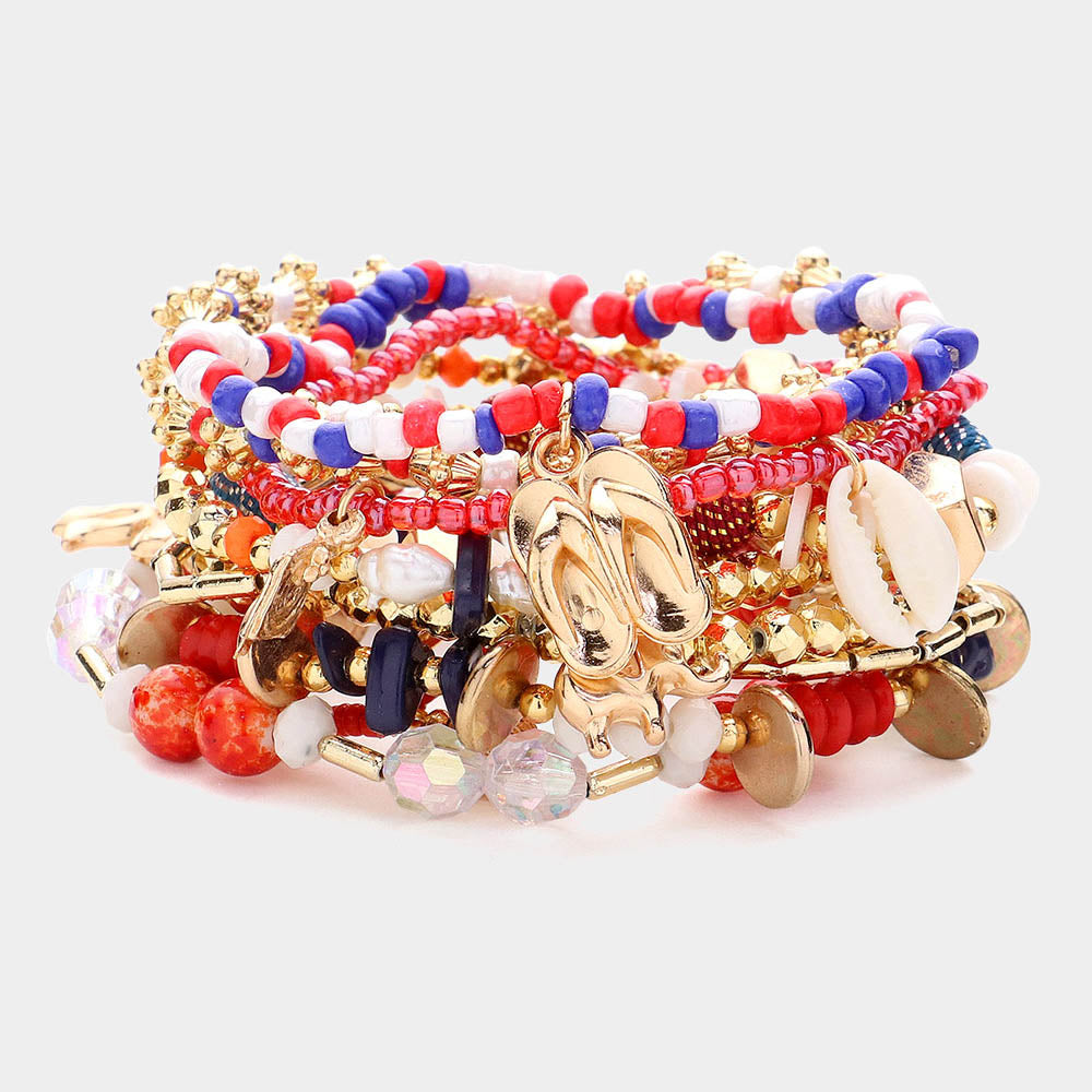 10PCS - Puka Shell Metal Bow Elephant Charm Pointed Various Beads Beaded Stretch Multi Layered Bracelet from Madeline Love