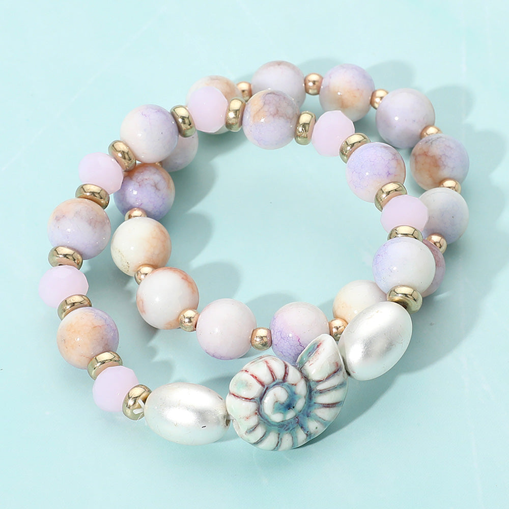 2PCS - Ceramic Snail Conch Shell Pearl Natural Stone Beaded Stretch Multi Layered Bracelets from Madeline Love