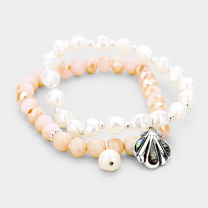 2PCS Freshwater Pearl Abalone Shell Charm Stretch Bracelet from Madeline Love