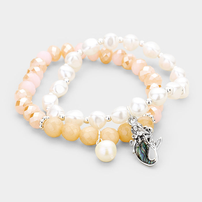 2PCS Freshwater Pearl Abalone Mermaid Charm Stretch Bracelet from Madeline Love