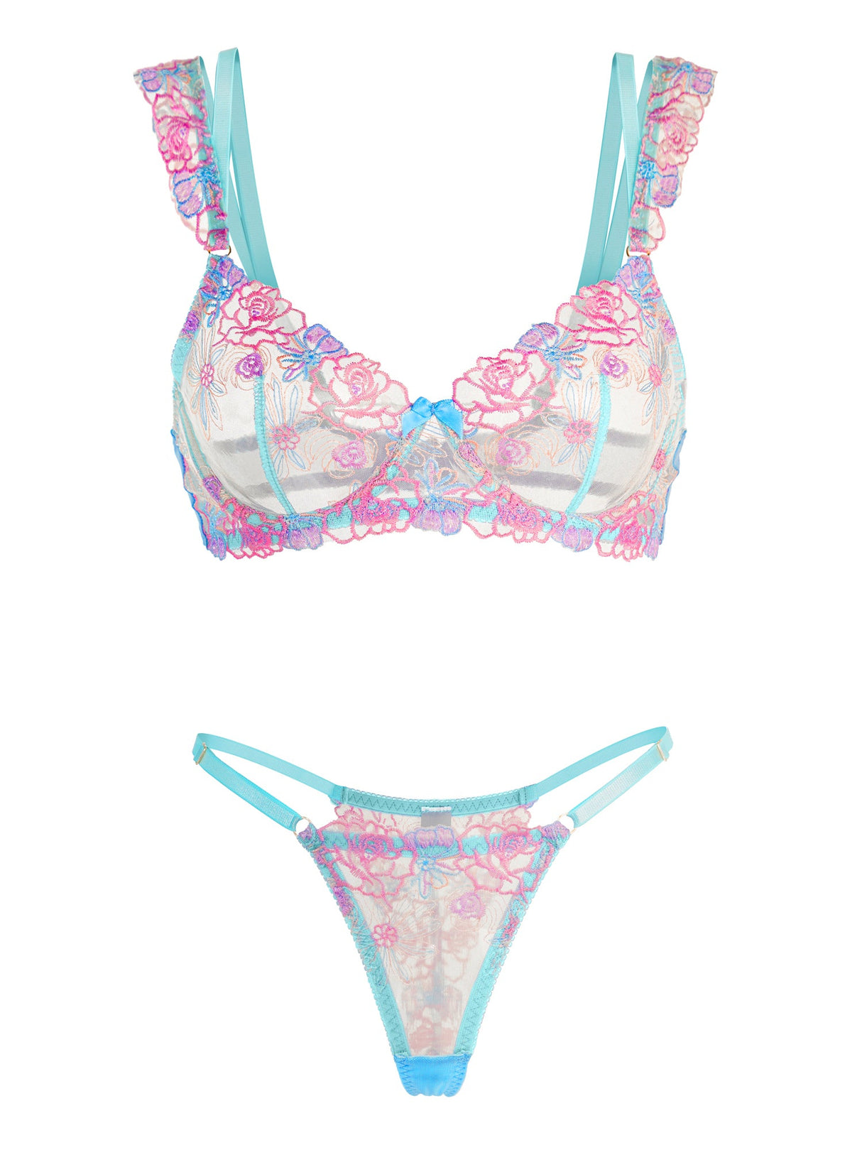 Blue Butterfly Bow Colorful Embroidered Flower Lingerie Set From Hello.LA.Girl