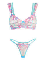 Blue Butterfly Bow Colorful Embroidered Flower Lingerie Set From Hello.LA.Girl