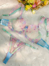 Blue Butterfly Bow Colorful Embroidered Flower Lingerie Set From Hello.LA.Girl