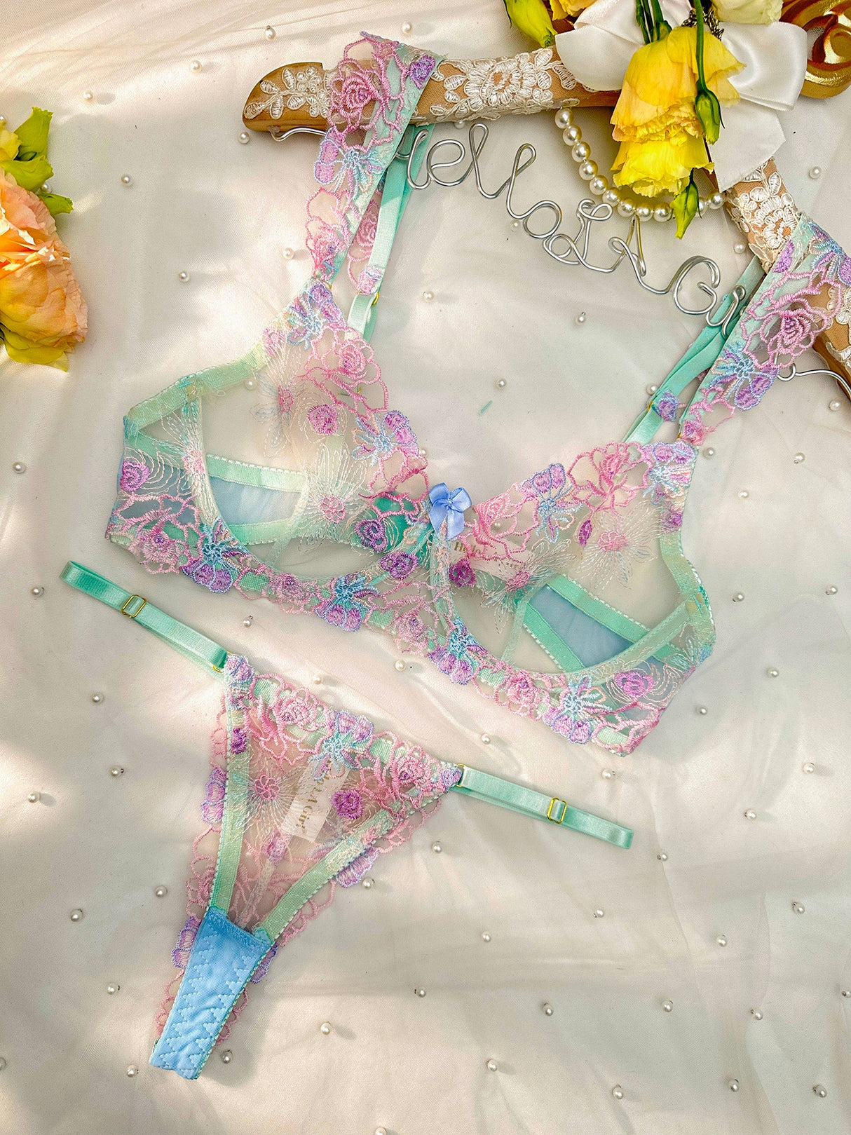 Blue Butterfly Bow Colorful Embroidered Flower Lingerie Set From Hello.LA.Girl