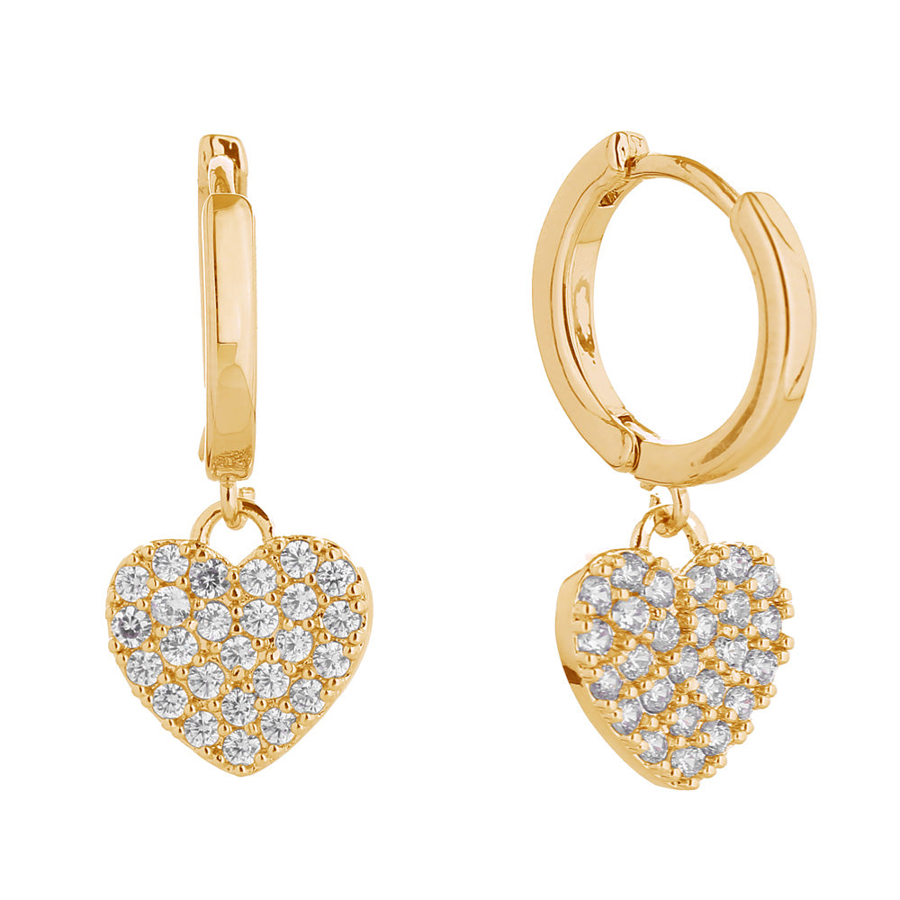 14K Gold Dipped CZ Stone Paved Radiant Heart Swing Dangle Huggie Earrings from Madeline Love