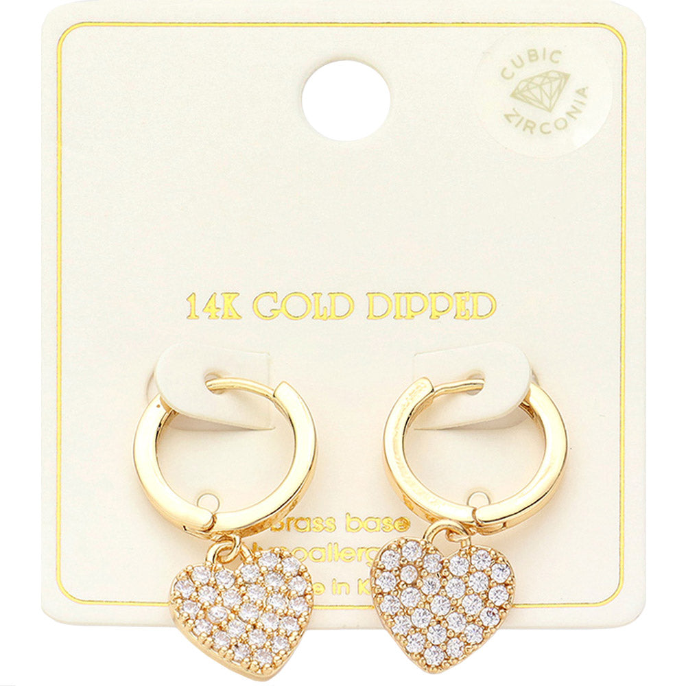 14K Gold Dipped CZ Stone Paved Radiant Heart Swing Dangle Huggie Earrings from Madeline Love