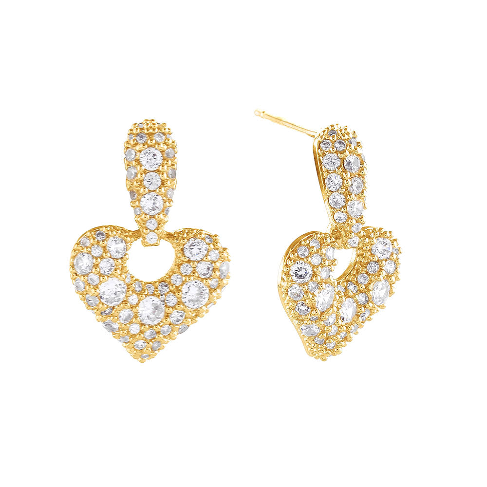 14K Gold Dipped CZ Stone Paved Heart Drop Earrings from Madeline Love