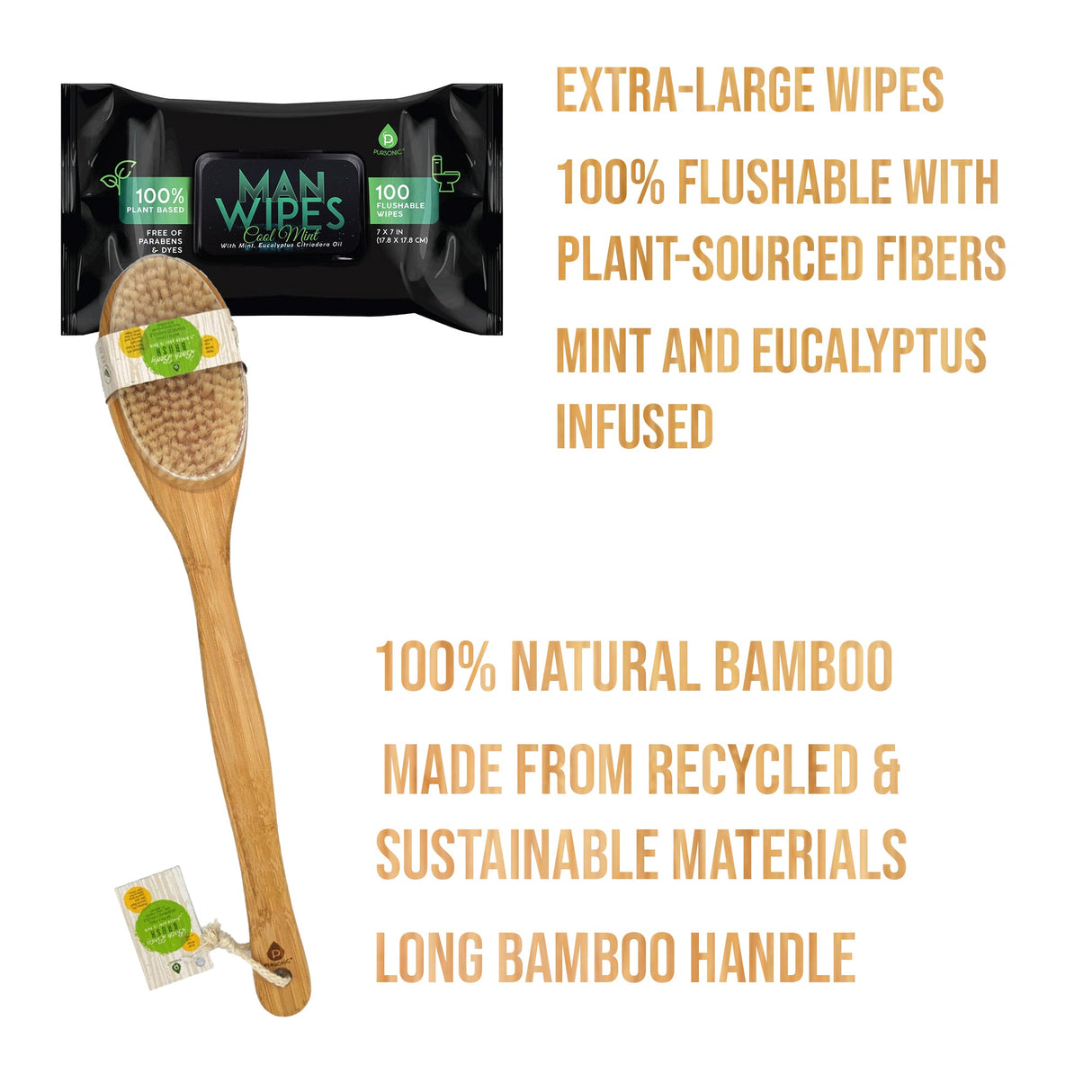 Clean & Refresh Bundle: 1200 Flushable Man Wipes (Mint Scented) - 12 Pack + Bath Body Brush With Long Bamboo Handle from Pursonic