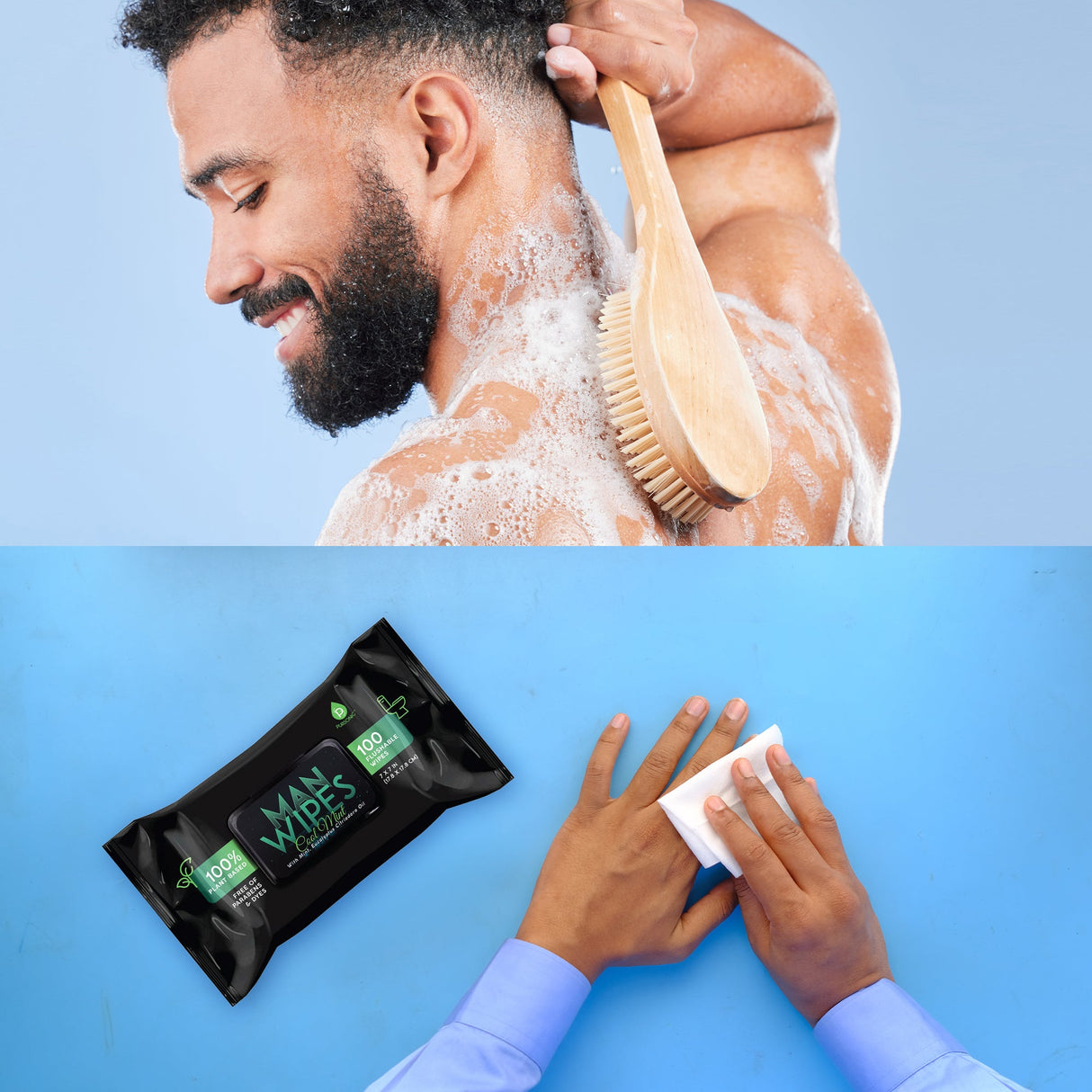 Clean & Refresh Bundle: 1200 Flushable Man Wipes (Mint Scented) - 12 Pack + Bath Body Brush With Long Bamboo Handle from Pursonic