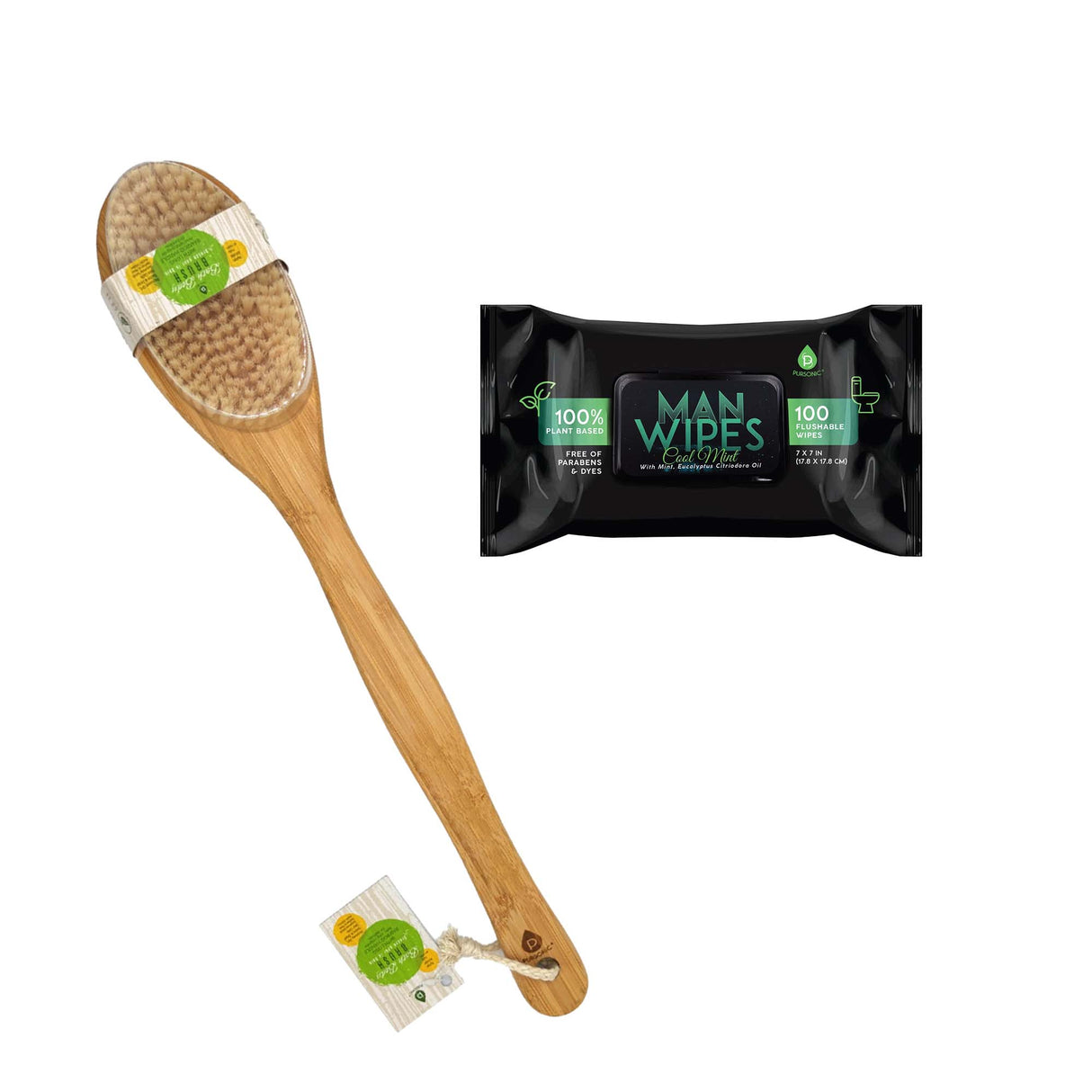 Clean & Refresh Bundle: 1200 Flushable Man Wipes (Mint Scented) - 12 Pack + Bath Body Brush With Long Bamboo Handle from Pursonic