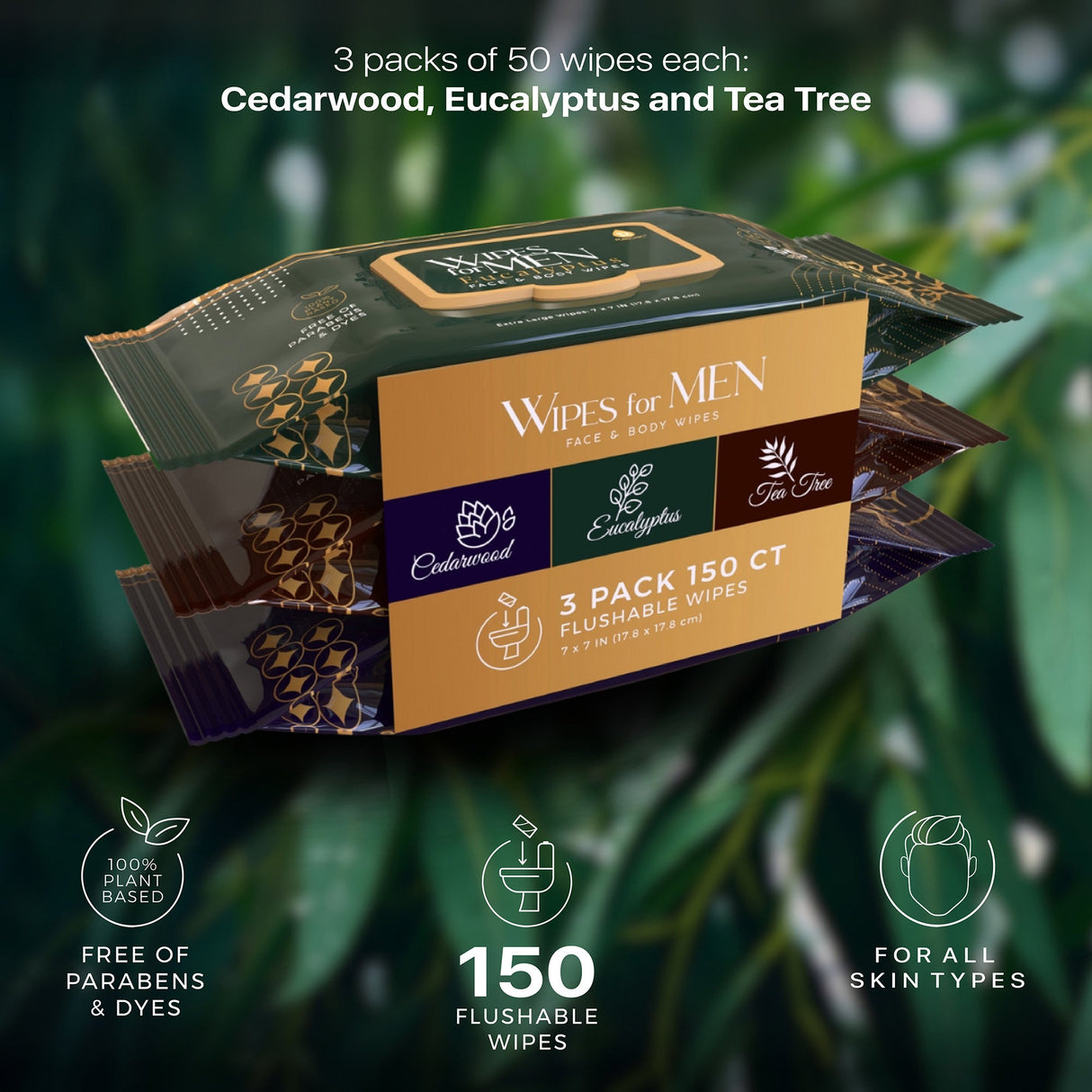 Men's Assorted Face and Body Wipes – Cedarwood, Tea Tree, and Eucalyptus (3-Pack, 150 Wipes) from Pursonic