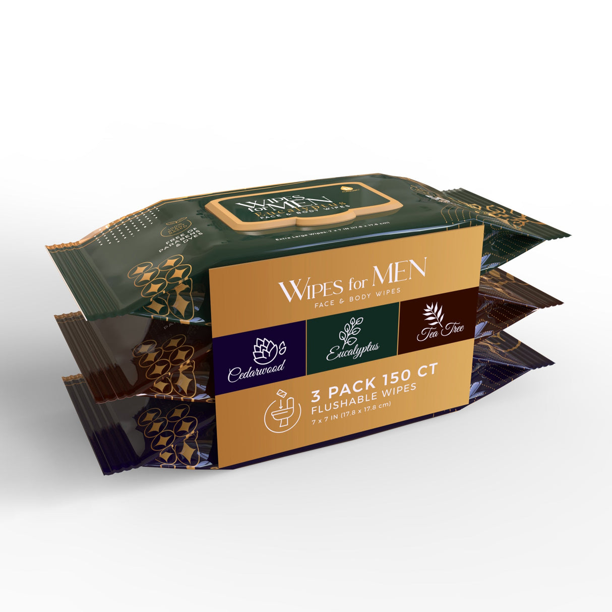 Men's Assorted Face and Body Wipes – Cedarwood, Tea Tree, and Eucalyptus (3-Pack, 150 Wipes) from Pursonic