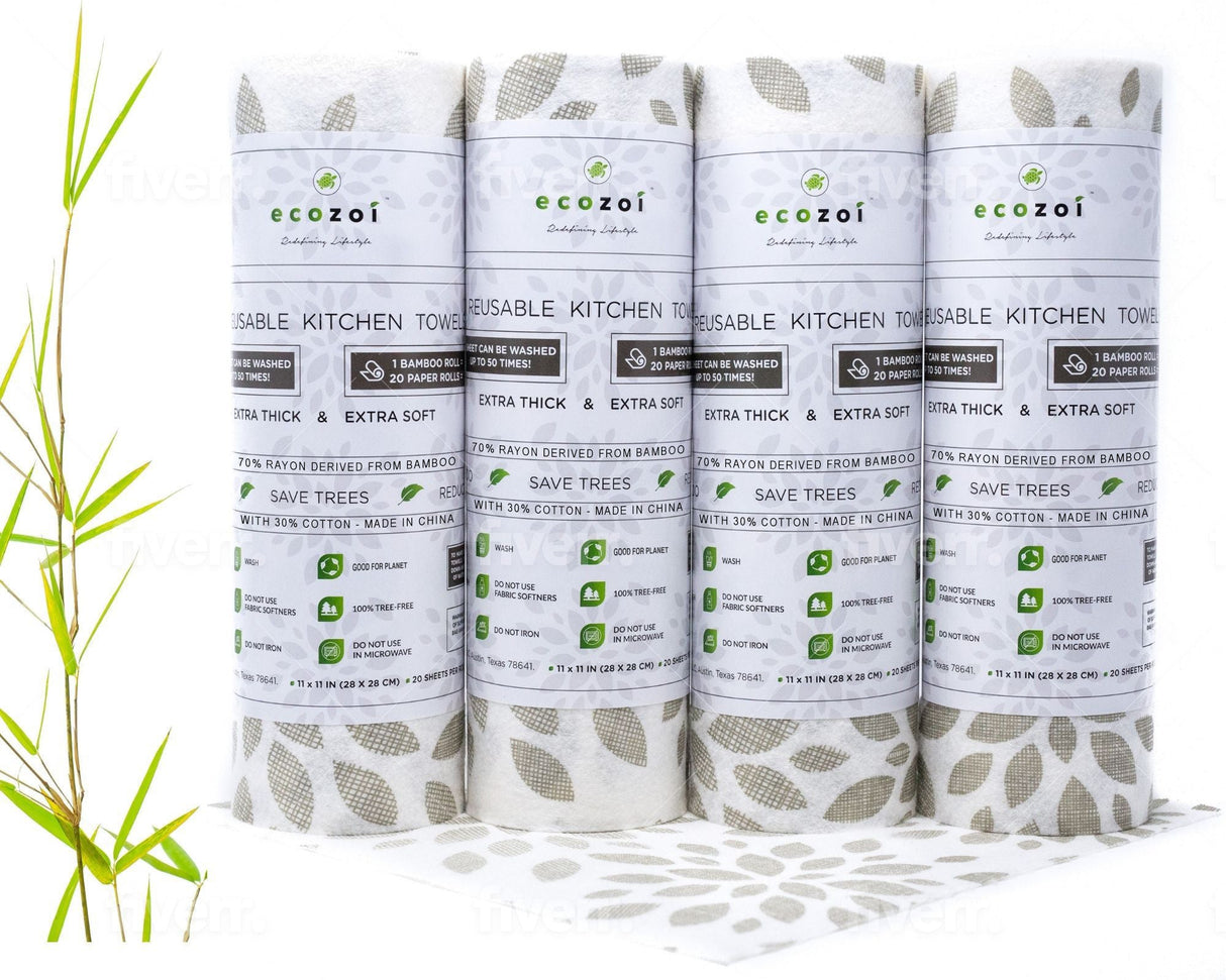 Bamboo Kitchen Paper Towels, Reusable Tree-Free Rolls with Design, 4 Pack from ecozoi