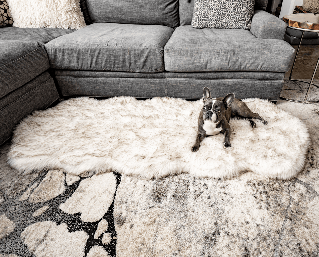 PupRug™ Runner Faux Fur Memory Foam Dog Bed - Curve White with Brown Accents From Paw.com