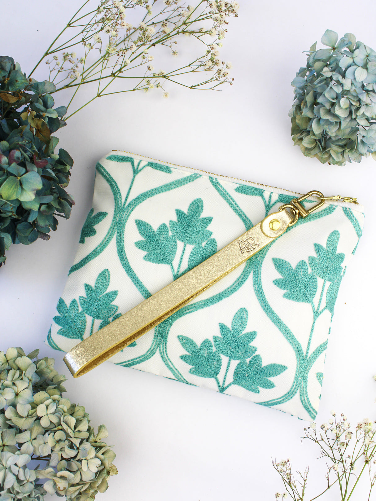 Mayfair Aqua Botanical Embroidered Wristlet Purse from Ash & Rose