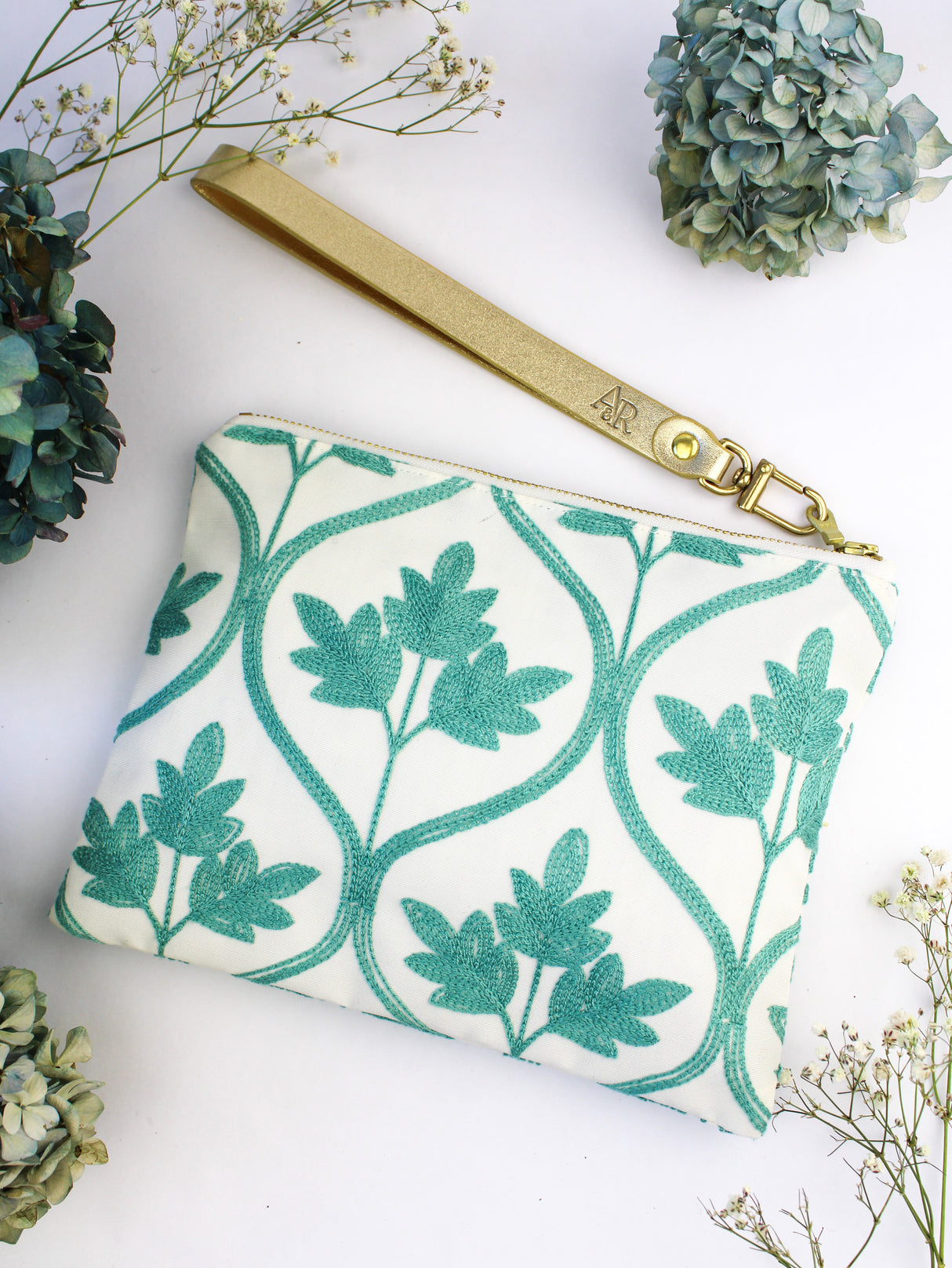 Mayfair Aqua Botanical Embroidered Wristlet Purse from Ash & Rose