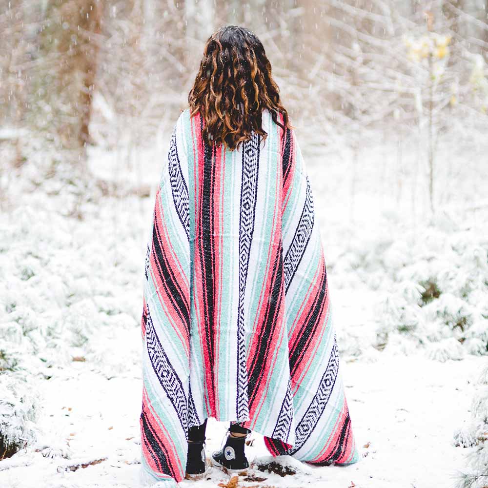 Seafoam Green & Coral Mexican Falsa Blanket From West Path