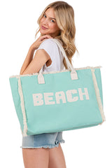 BEACH Embroidered Letter Fringe Summer Tote Bag  from Madeline Love