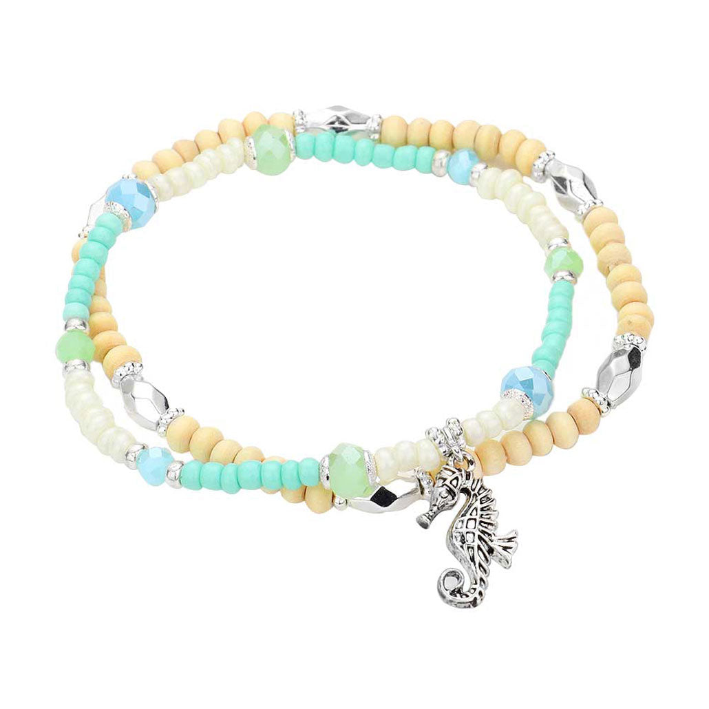 2PCS - Seahorse Charm Wood Seed Beaded Stretch Bracelets from Madeline Love