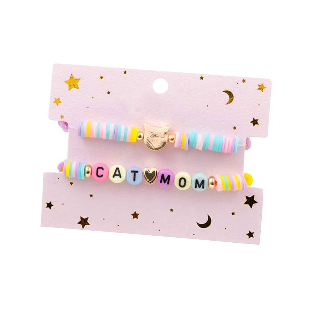 2PCS Cat Mom Heishi Beaded Stretch Bracelets from Madeline Love