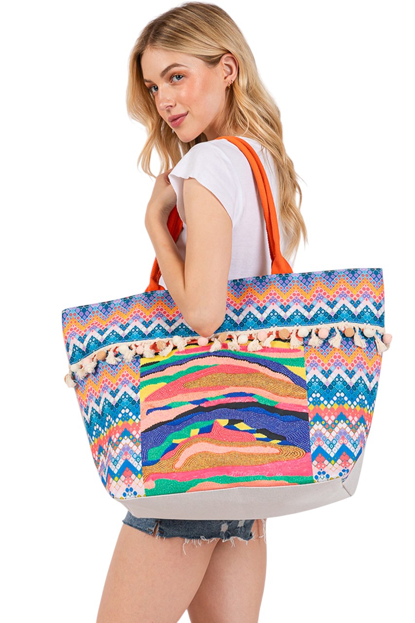 Abstract Boho and Bead Print Pom Pom Tote Bag  from Madeline Love