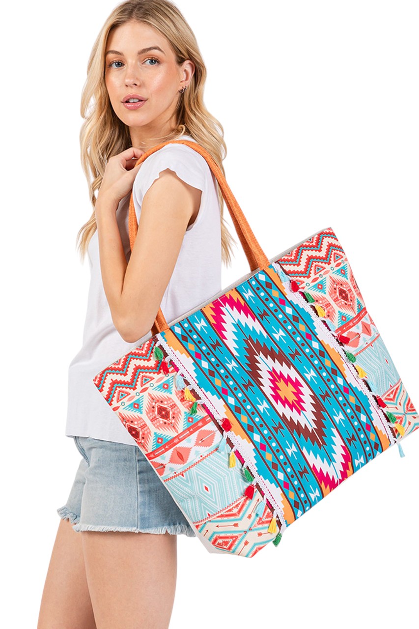 Boho Style Aztec Pattern Tassel Summer Tote Bag  from Madeline Love