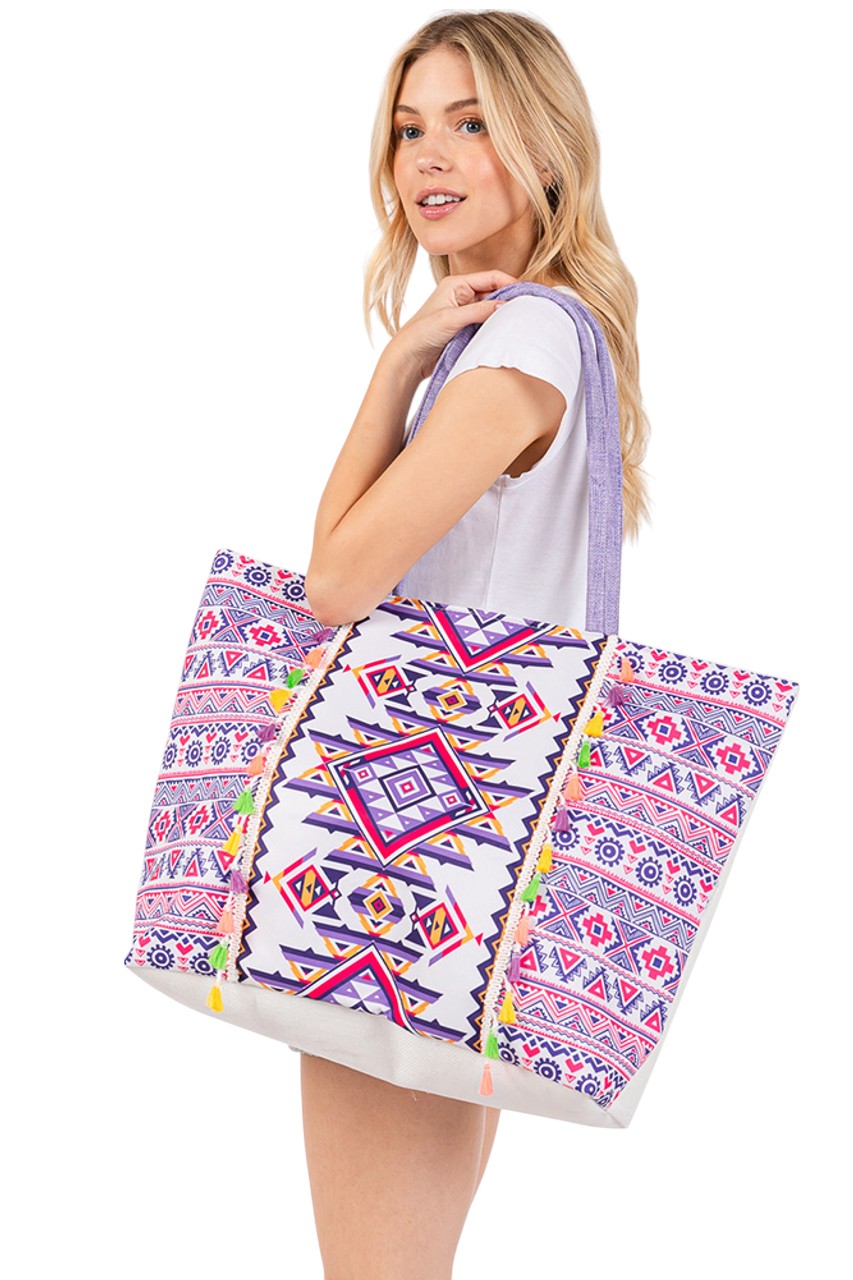 Boho Style Aztec Pattern Tassel Summer Tote Bag  from Madeline Love