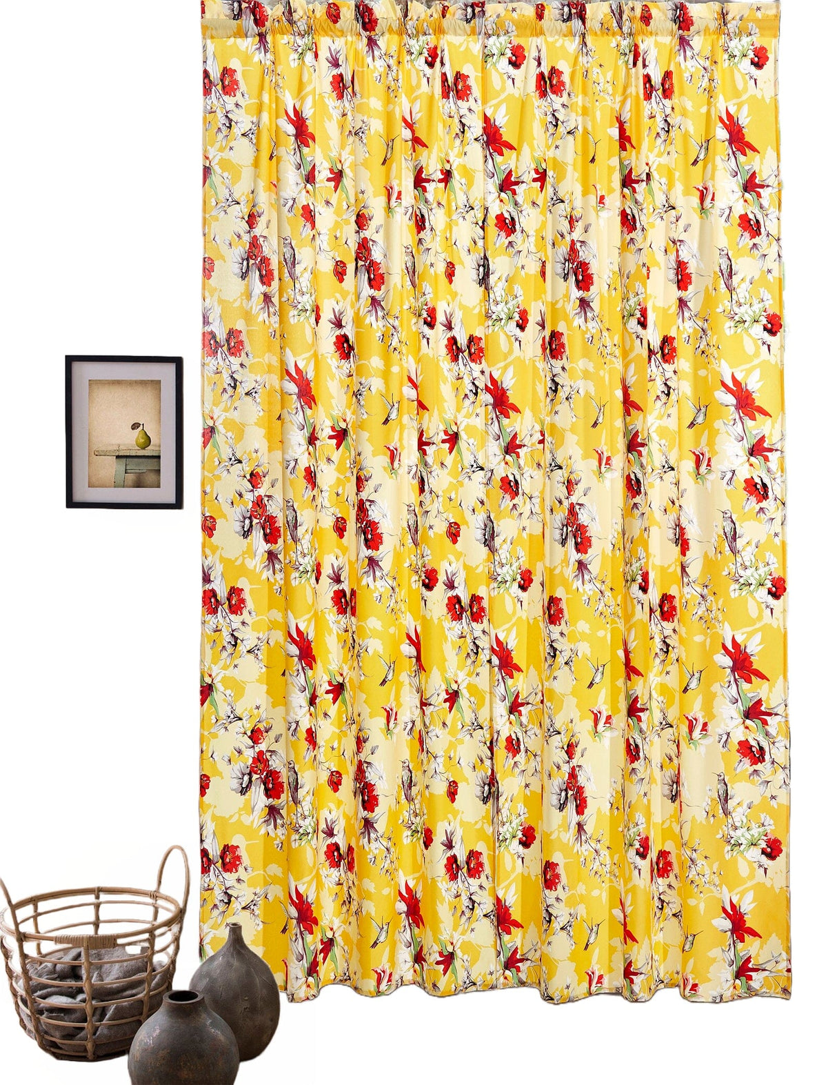 DaDa Bedding Set of 2 Radiant Sunshine Yellow Floral Window Curtain Panels - Natural Semi Sheer Hummingbirds Farmhouse Red Flowers Straight Tailored Edge from DaDalogy Bedding Collection