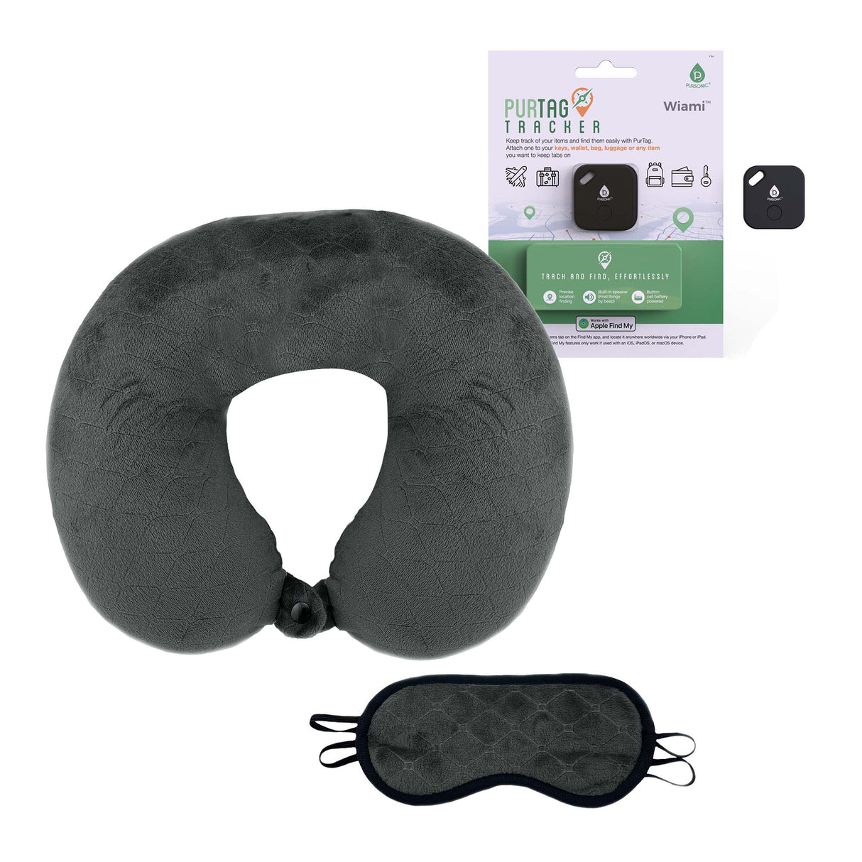 Mindful Traveler Bundle: Memory Foam Travel Pillow with Sleep Mask & Purtag Tracker from Pursonic