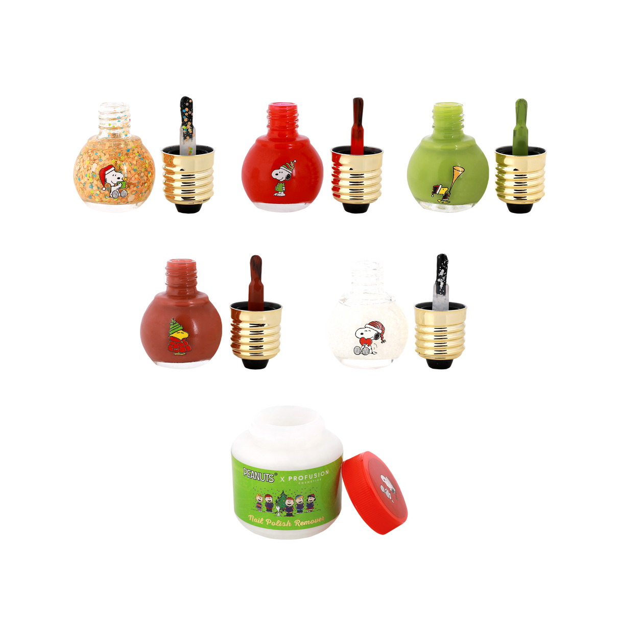 Peanuts Holiday | Sparkling With Joy 5 PC Nail Polish Set & Nail Polish Remover from Profusion Cosmetics
