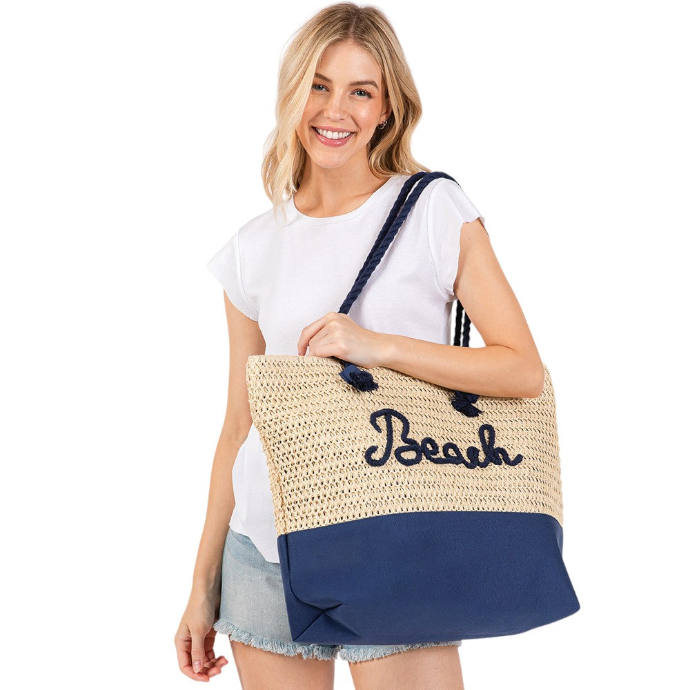 BEACH Message Rope Handle Crochet Fabric Tote Bag / Beach Bag  from Madeline Love