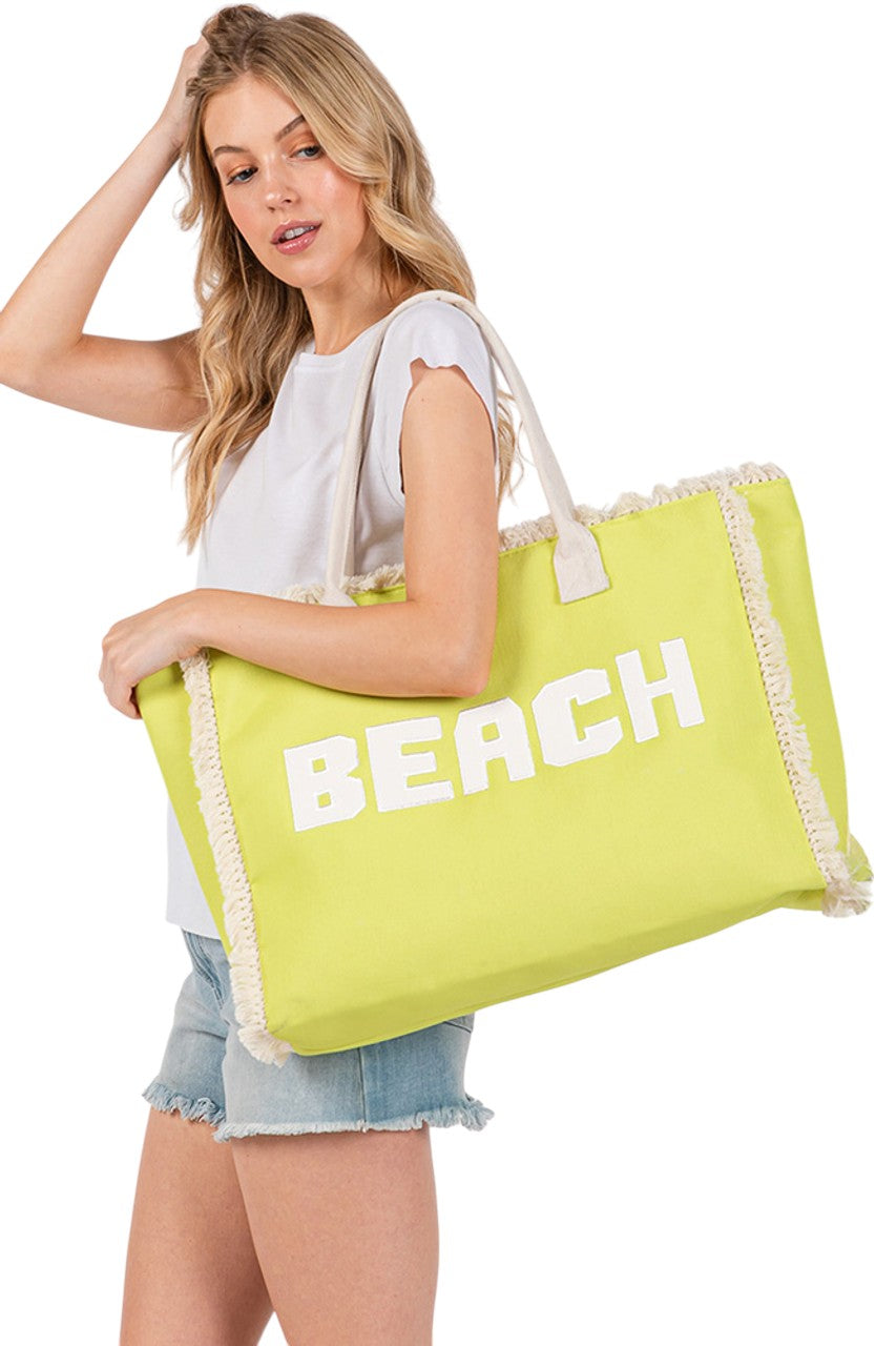 BEACH Embroidered Letter Fringe Summer Tote Bag  from Madeline Love