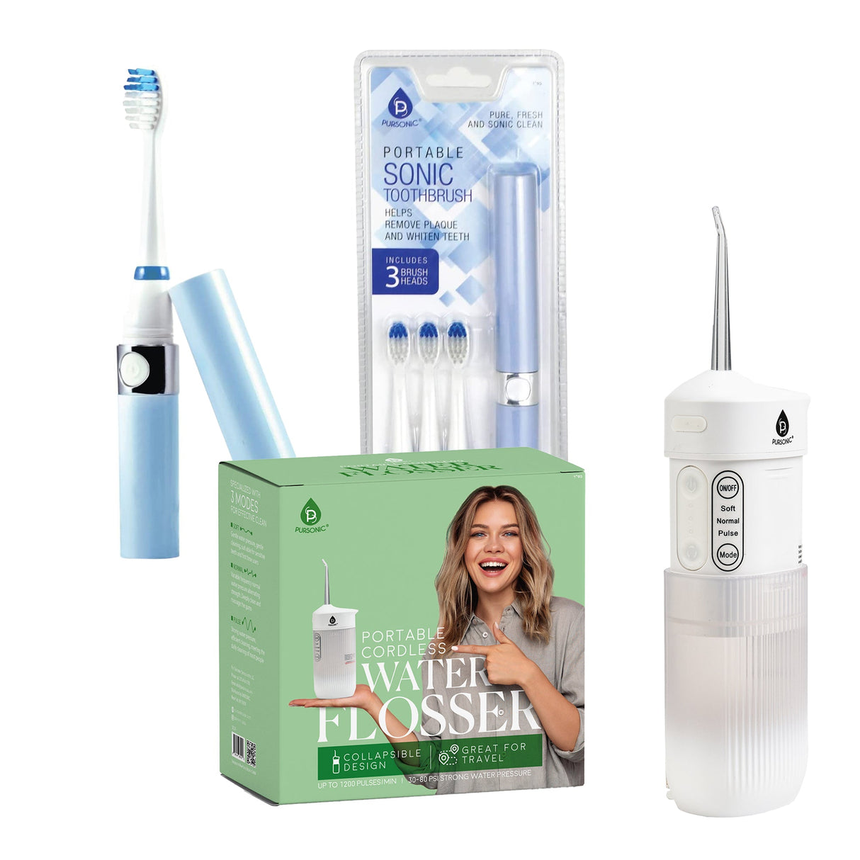 Compact Travel Oral Care Bundle: Portable USB Rechargeable Collapsible Water Flosser and Pursonic Portable Electric Toothbrush from Pursonic
